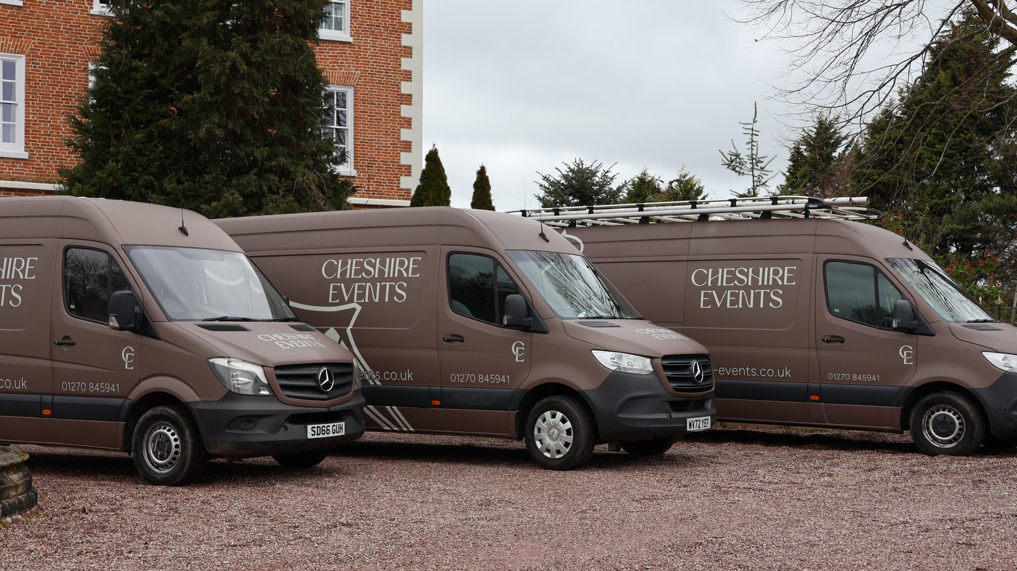 Cheshire Events fleet of Mercedes Sprinters in matching brown wraps with signage, by Auto Wrap Manchester