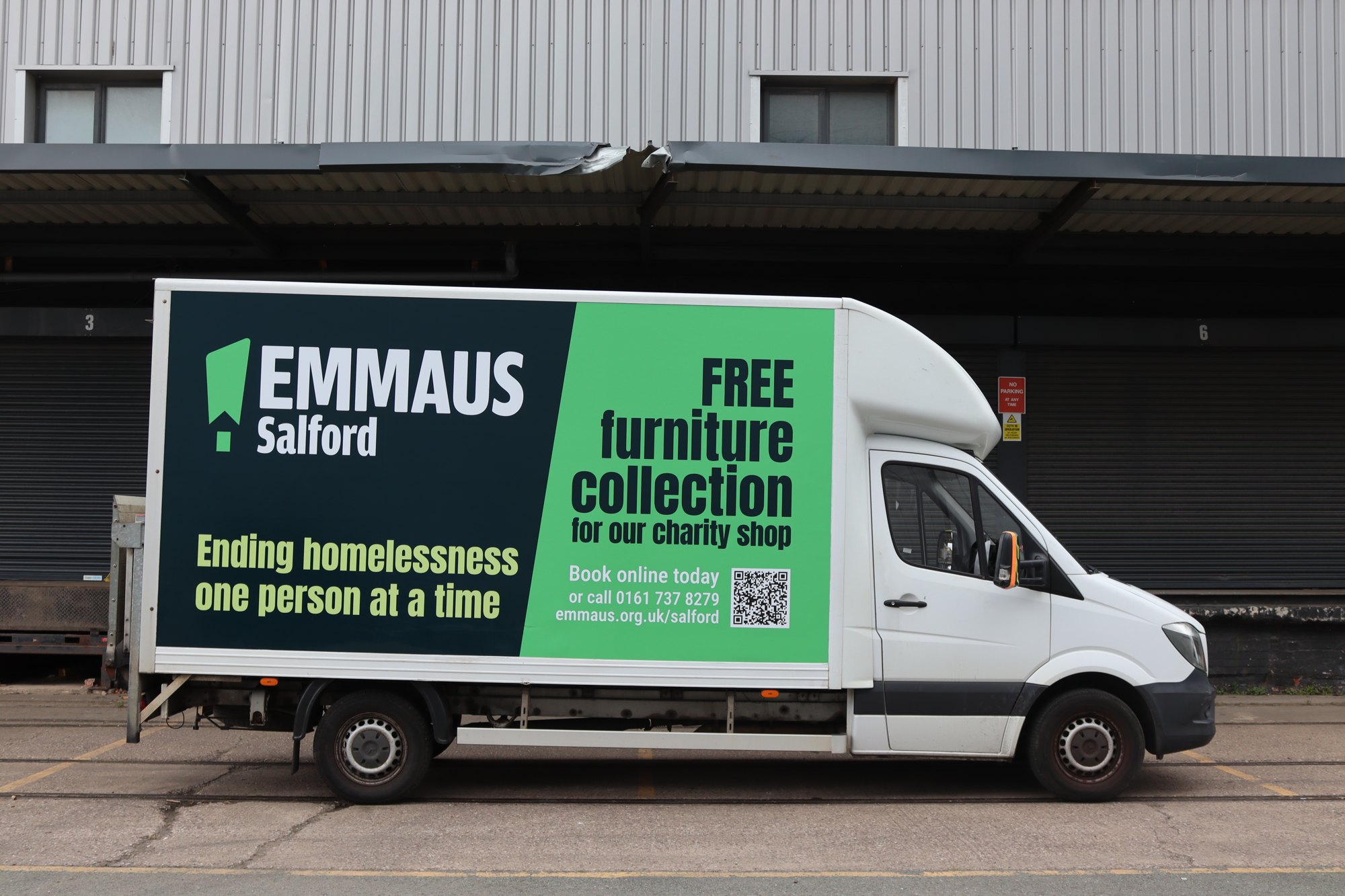 Emmaus Salford Mercedes Luton van with full printed side graphics by Auto Wrap Manchester