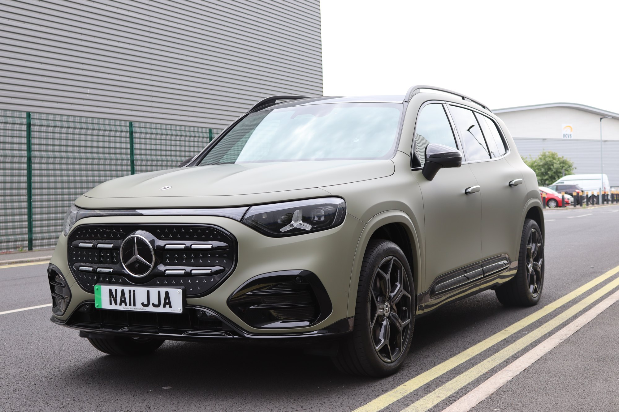 Front view of a Mercedes GLB350 in matte green colour PPF, Trafford Park Manchester