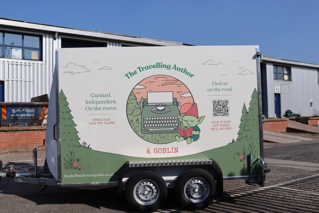 The Travelling Author and Goblin box trailer, fully wrapped by Auto Wrap Manchester