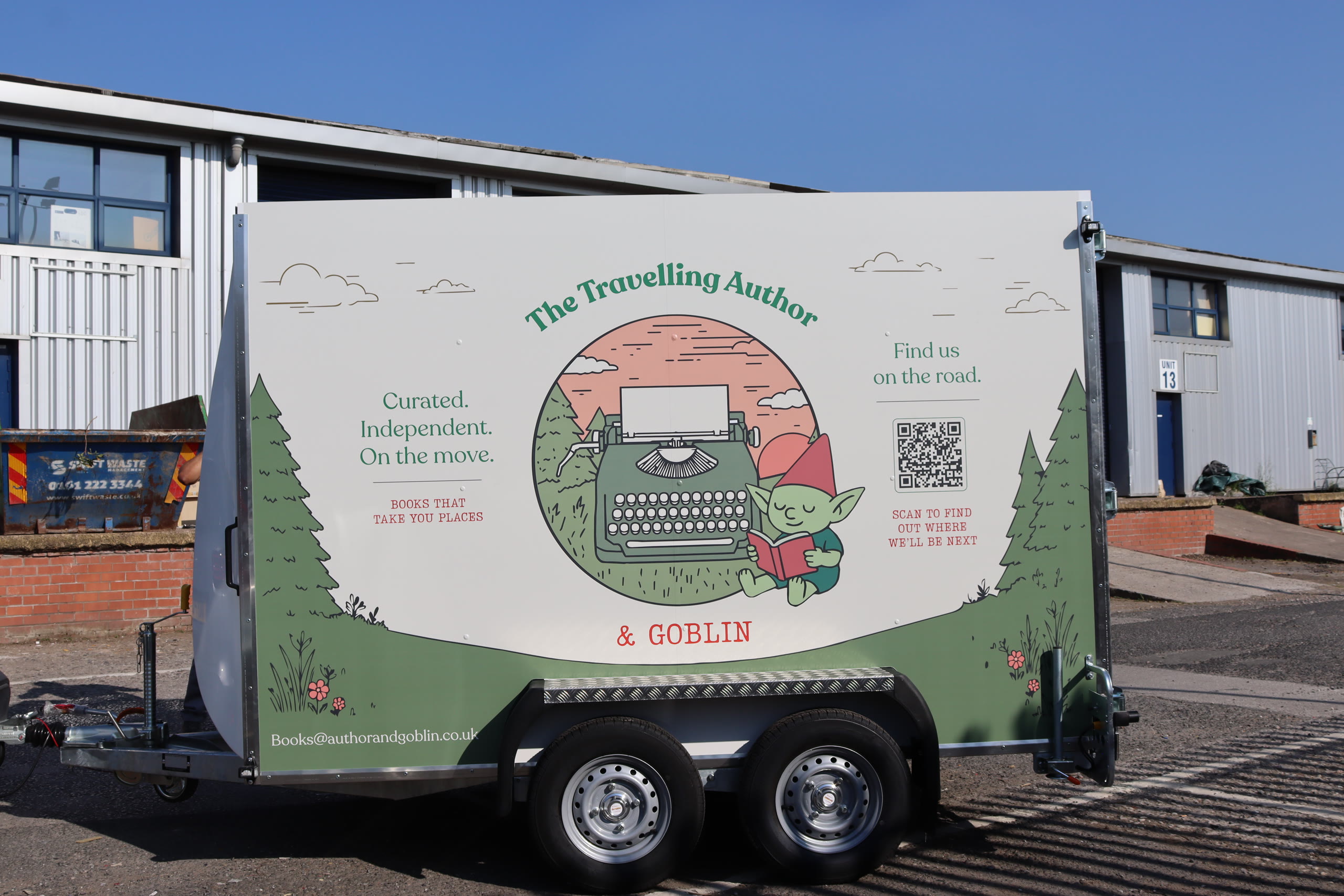 The Travelling Author and Goblin box trailer, fully wrapped by Auto Wrap Manchester